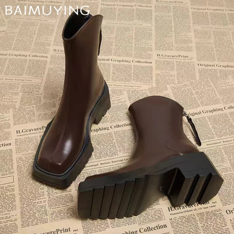 Platform Women Snow Ankle Boots Mid Heels Retro Shoes Square Toe Motorcycle Boots Trend Winter Leather Chunky Botas Mujer 241106