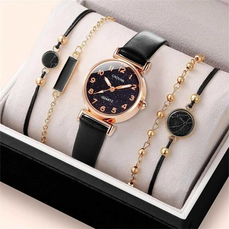 5-piece Wen Fashion casual belt watch simple womens starry sky circular dial quartz watch dress clock X241106