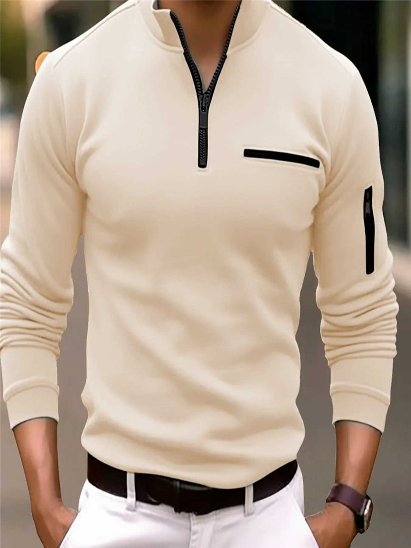 Spring and summer new mens casual cotton long SVE shirt with pocket zipper stand up collar mens shirt W241106