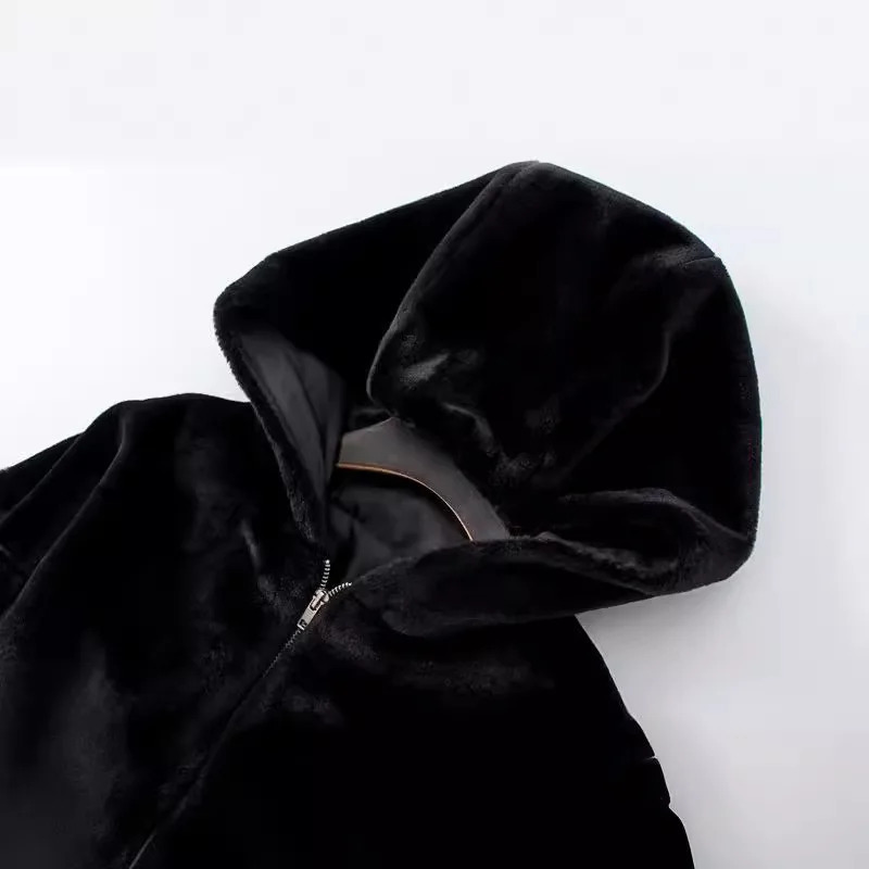 Short High Waist Faux Fur Womens Jacket Plush Warm Hooded Coats Spliced Leather Hem Jackets 2024 Winter in Coat Streetwear 241106