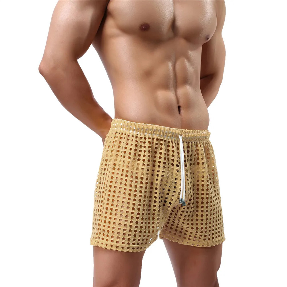 Sexy Mens Causal Shorts Big Mesh Breathable Gym Fishnet Boxers Transparent Loose Sleep Bottoms Men Hollow Out Swim Trunks 240323