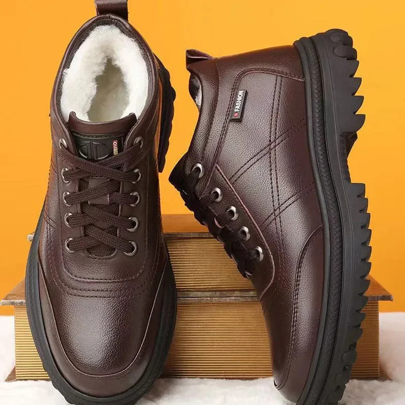 2025 New Men's Winter Casual Leather Shoes Men's Solid Color Thick Warm Cotton Business Shoes Outdoor Fashion Waterproof Anti Slip Snow Boot