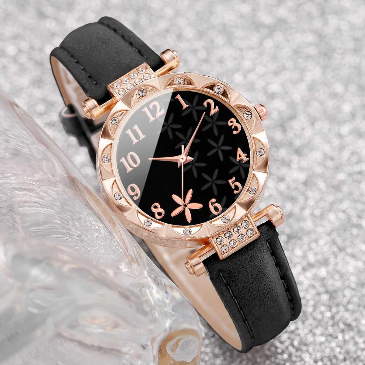 6-piece/set Warm Sweet Wind Watch Set Fashion Flower Series Leather Quartz Watch Bracelet Set X241106