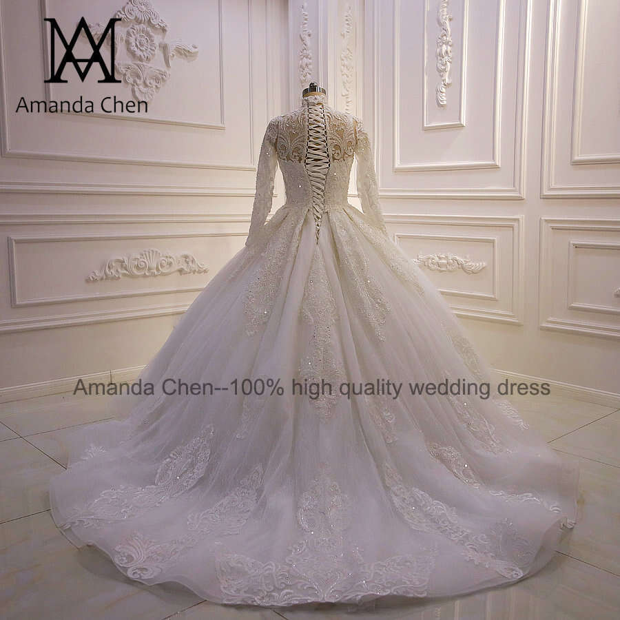 robe mariage femme High Neck Long Sleeve Lace Appliqued Wedding Dress