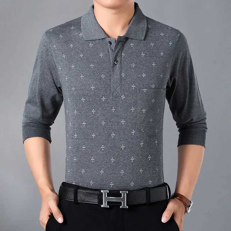 Spring/Summer Mens Long Sved Bottom Casual Loose T-shirt Fashion Casual Printed Collar Pocket W241106
