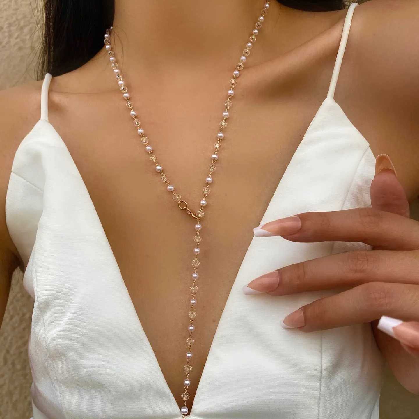 Fashionable sweater chain long Y-shaped necklace suitable for text simple metal gold crystal border necklace Y2K party jewelry X241106