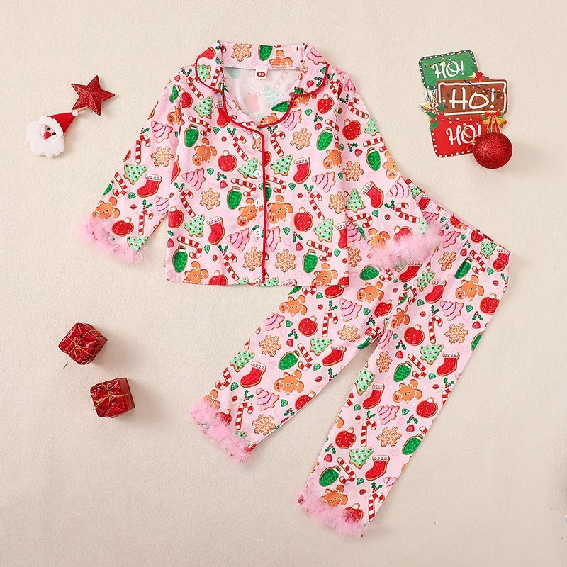 1-5Y Baby Boys and Girls Christmas Silk Pajama Set Button Down Patch Long Sleeve Shirt Top Satin Pj Set 241106
