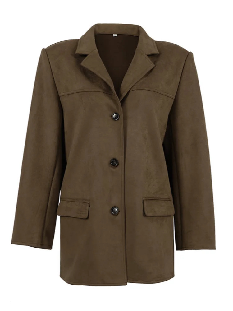 Brown Suede Womens Blazer Jackets Loose Single Breasted Pockets Lapel Coats 2024 Autumn Lady Vintage Outwears 241106