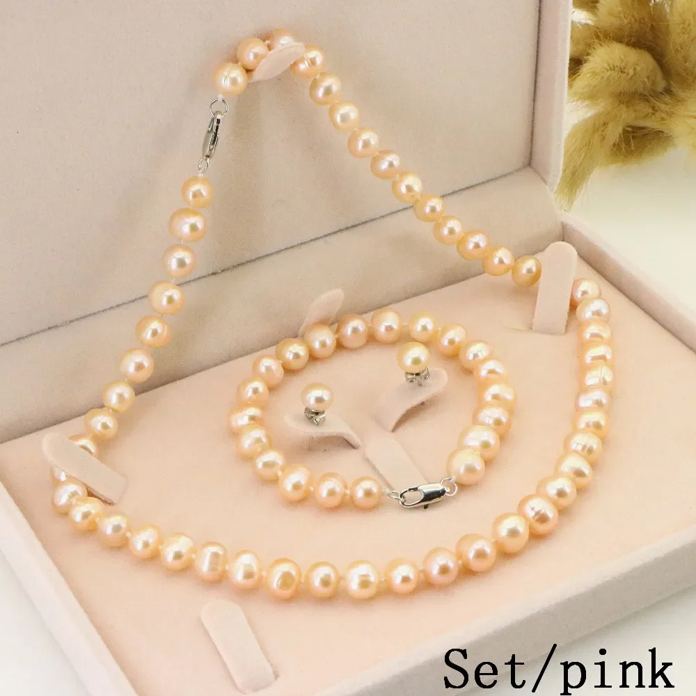Womens Pearl Necklace 8-9mm Natural Freshwater White Pearl Necklace Earrings Bracelet Set Wedding Jewelry Birthday Gift 241106