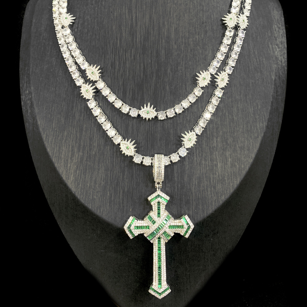 Hip Hop Cross Pendant Necklace with 5mm Tennis Chain Jewelry Set Gold Plated