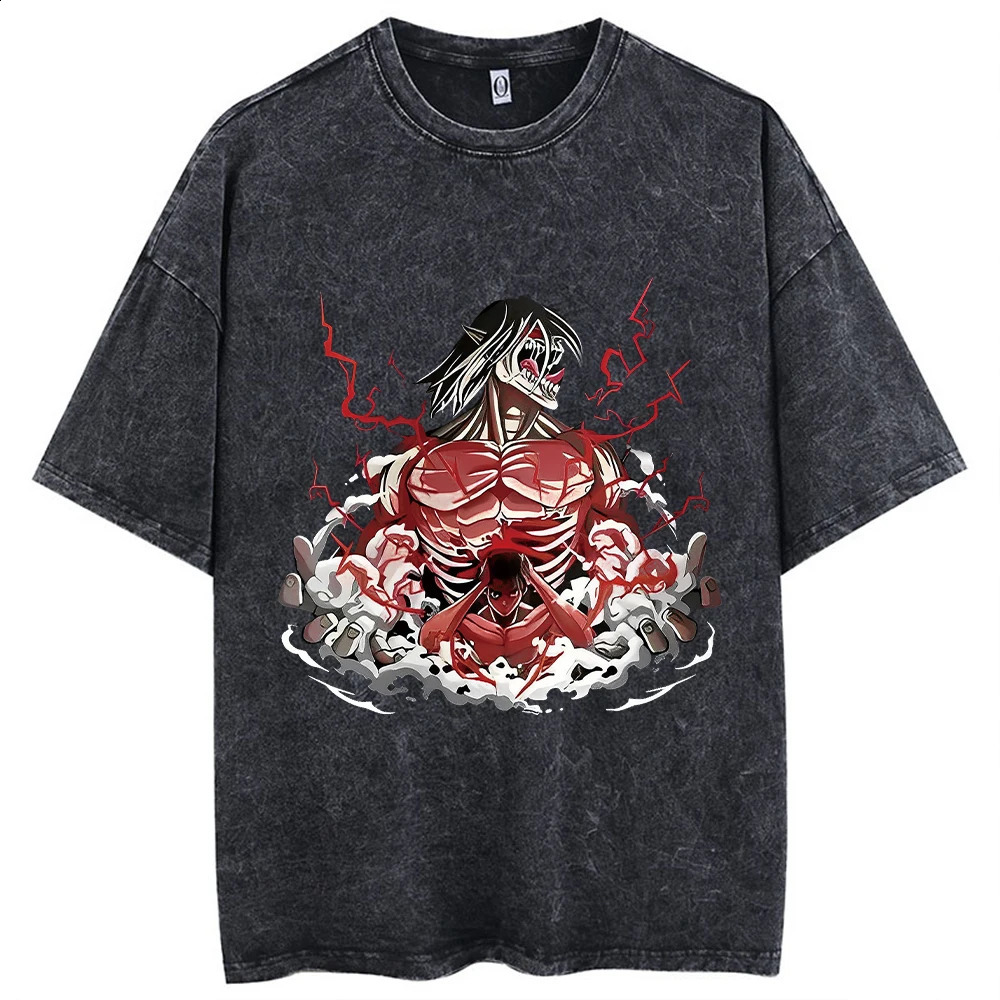 Hip Hop Oversized Streetwear Vintage Tshirts Japanese Anime Printed Washed Short Sleeve T Shirt Summer Cotton Male Tops 240402
