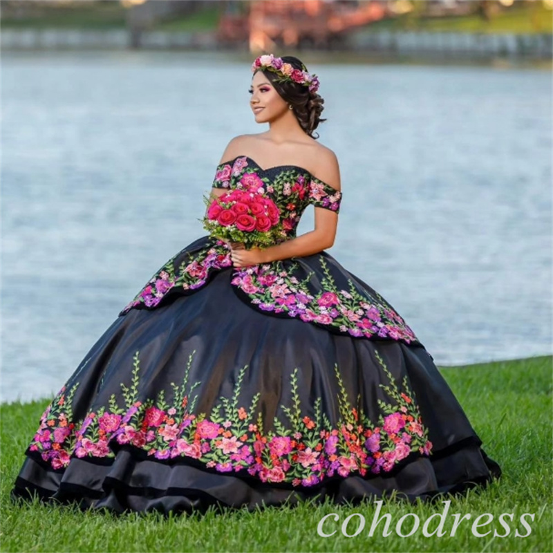 Beautiful Black Mexican Quinceanera Dresses Charro Vestidos De 15 Xv Anos Satin Vestio De Novias Off Shoulders Sweet 16 Dress Tiered Halloween Costume