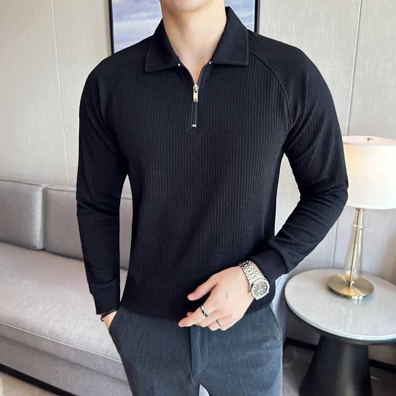 Mens high elasticity long Sve shirt 2024 autumn and winter knitted floral collar slim fit solid casual T-shirt W241106
