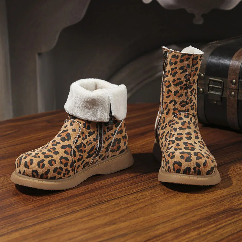 Kids Boots Winter Girls Fashion Middle Calf Princess Snow Boots Toddler Children Boys Leopard Warm Fur Shoes Soft Sole 241106