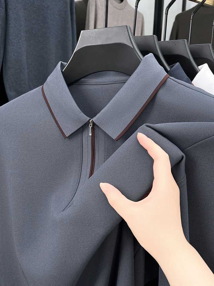 High end brand long SVE shirt mens autumn luxury silk cotton half zipper lapel T-shirt fashionable casual mens clothing W241106