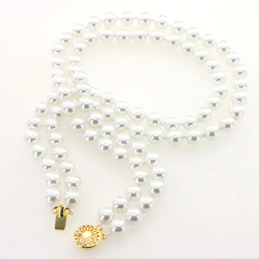 Fashion 2-Row 8mm White Akoya Shell Pearl Round Bead Necklace Bracelet Earring Set Womens Christmas Gift Wholesale Price 241106