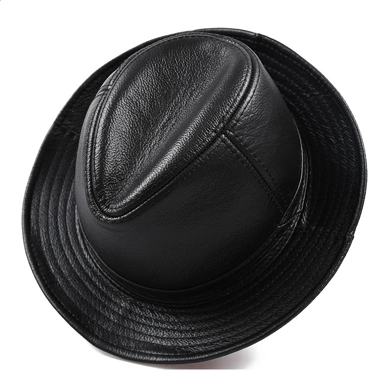 2024 Mens High Quality Genuine Leather Cowboy Leather Fedora Gentleman Cowboy Leather Short Brim Black/Brown Top Hat Mens Display 241105