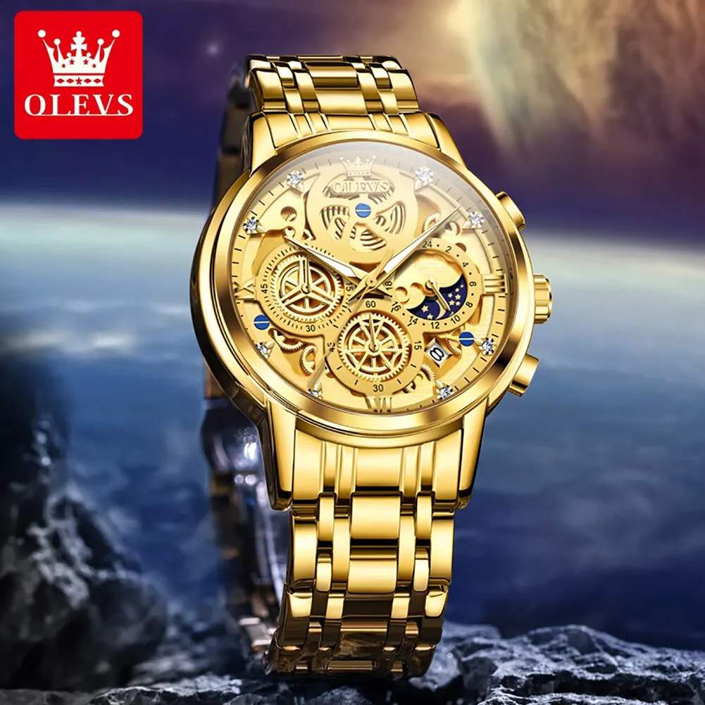 OLEVS Mens Watch Top Original Waterproof Quartz Watch Mens Gold Skeleton Style 24-hour Day and Night Watch 241105
