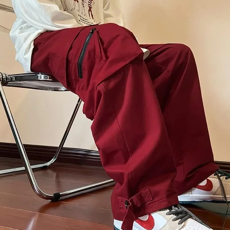Trendy American Style Casual Pants For Men Loose Fit Straight Leg Hip Hop Summer Pants Fashion Red Cargo 241106