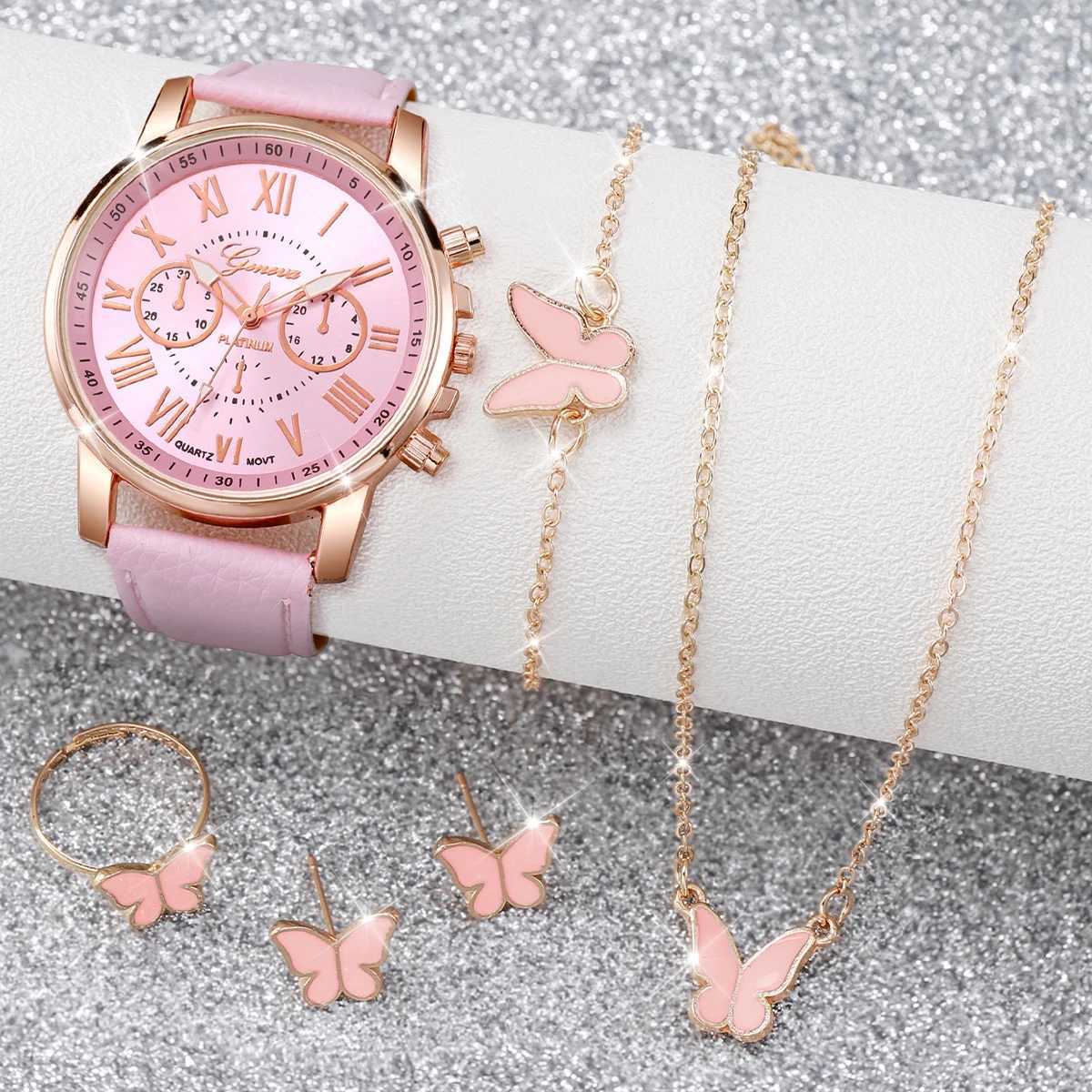 5 pieces/set of Geneva watches fashionable leather straps quartz watches jewelry sets (without boxes) X241106