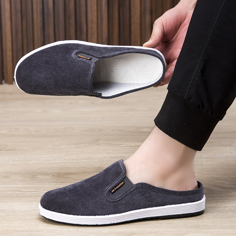 Summer cloth slippers, casual, breathable, versatile board shoes, one foot pedal, no heel, half drag, anti slip men's shoes