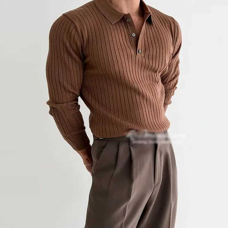 Autumn Long Sve Knitted Mens Fashion Ribbon Solid Color Ultra Thin T-shirt Knitted Mens Casual Button Collar Zipper W241106