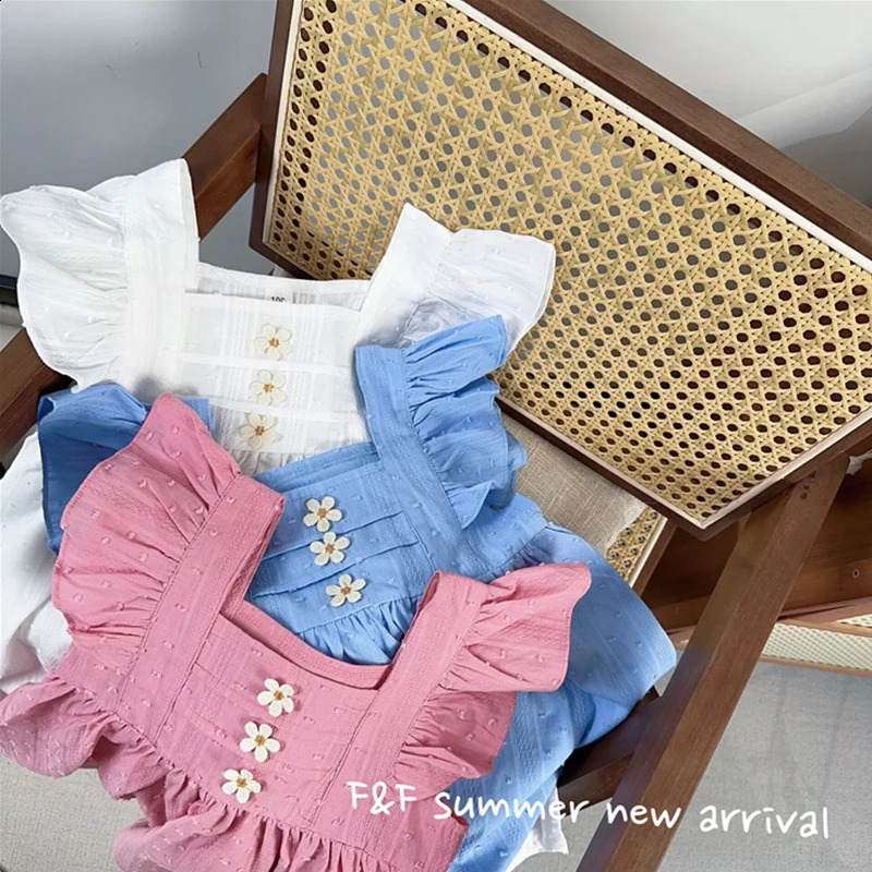 Girl Dress Summer Lovely Ruffle Sleeveless Solid Cotton Party Dresses for Children Casual Clothing Kids Fashion Style y240326bj