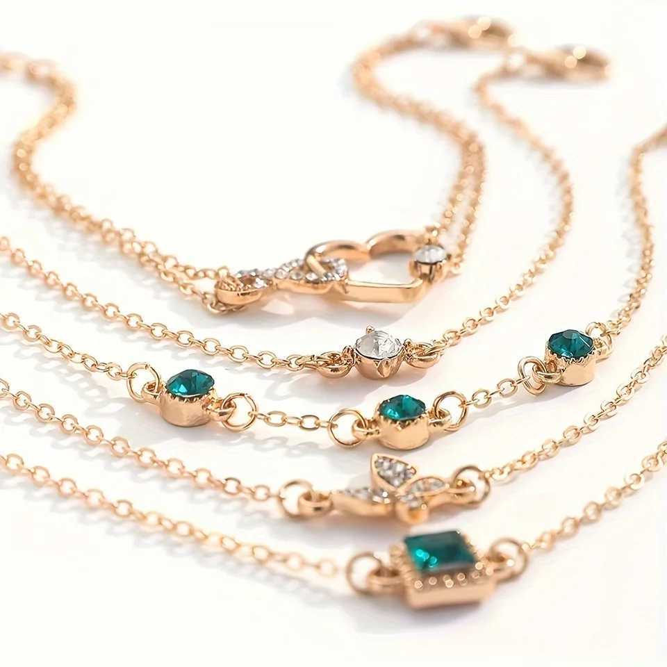 5 exquisite rhinestone bracelets fashionable Mtilayer metal chain green crystal stone bracelet Wens wedding jewelry X241106