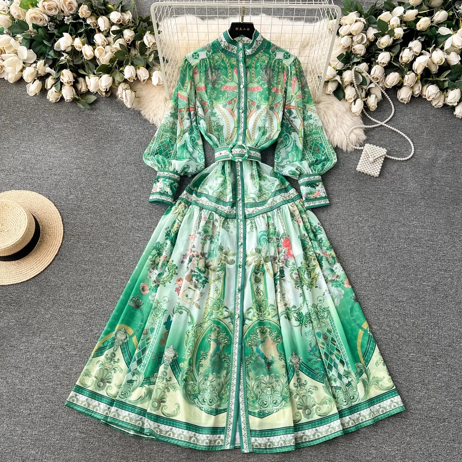 Urban Sexy Dresses 2025 Bohemian Chiffon Green Maxi Dress Women's Stand Long Lantern Sleeve Single Breasted Wer Print Belt Holiday Robe Vestidos