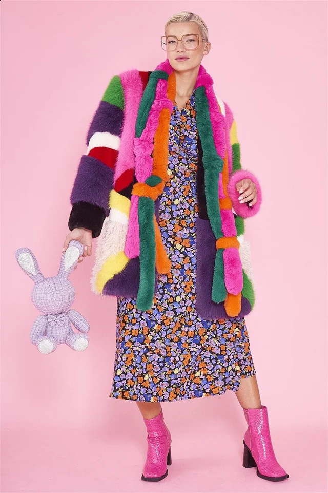 Personalized Faux Fur Coat MultiColor Splicing Bright Soft Comfortable HighQuality Women 241104