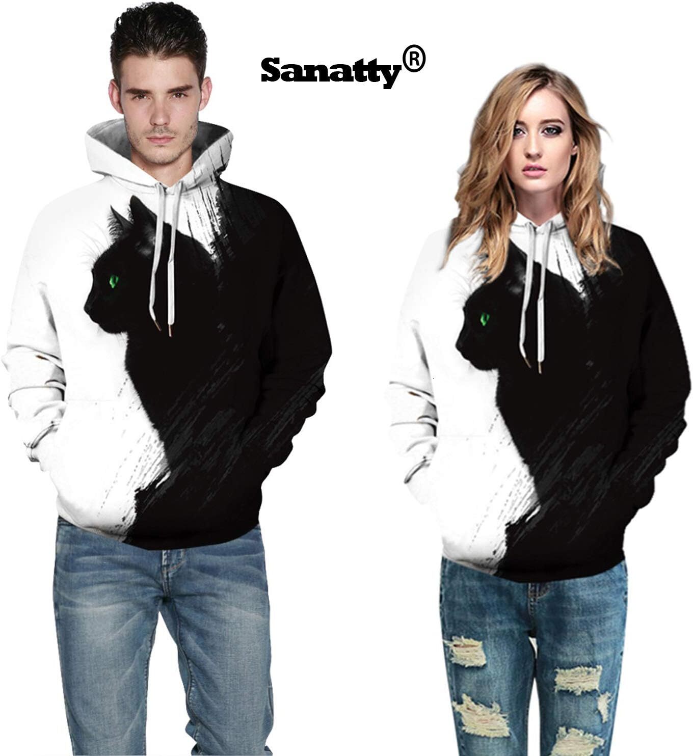 Hoodie for Mens Womens Unisex Hoodies 3D Print Galaxy Pullover Hooded Sweatshirt Hoodies with Big Pockets for Teen Men, Teen Boy, Kitty