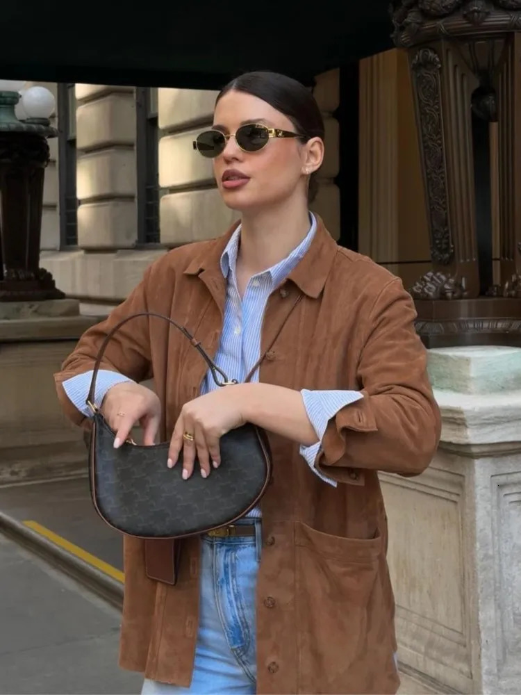 Vintage Suede Womens Jacket Shirt Casual Turndown Collar Women Jackets Coat Solid Color Autumn Fashion Female Jacket Blouses 241106