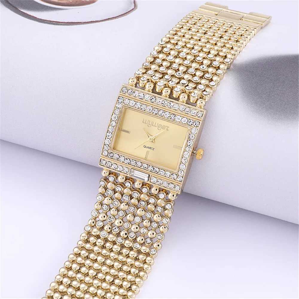 Ladies luxury gold and stone English watch fashion diamond set square crystal design casual skeleton watch dress watch X241106