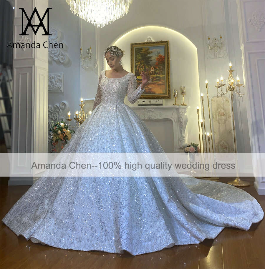 Square Neck Sleeve Lace Glitter Crystal Beads Long Train Wedding Dress