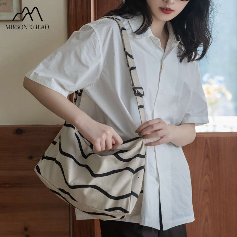 Korean Canvas Leopard Cross Body Female Students Class Shoulder Japanese Large Capacity Striped Cloth Bag