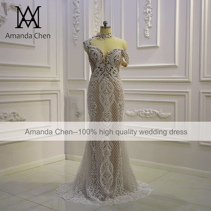 Halter One Shoulder Lace Wedding dress with Removable Skirt