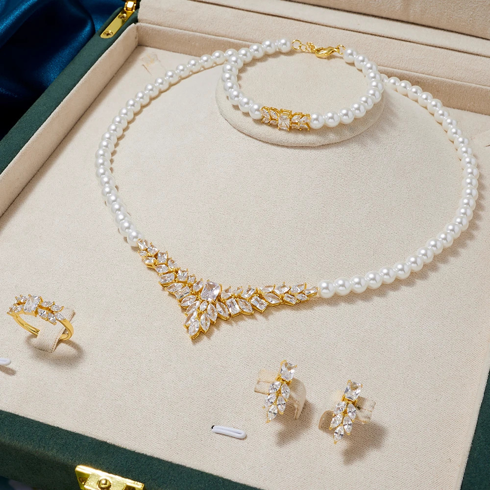 TIRIM Womens Pearl Necklace Set Cubic Zirconia Jewelry Set Dubai Dinner Set Party Engagement Handmade Jewelry Accessories 241105