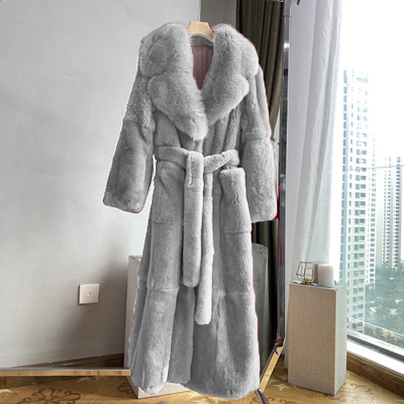 Fashion Elegant Soft Faux Fur Coat Long Warm Overcoat Winter Women V Lapel Greatcoat Belt Pockets Loose Parka 9 Colors 241104