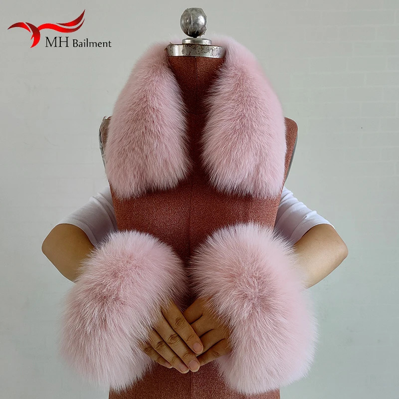 Fox Fur Square Collar Genuine Fur Cuff Set Womens Winter Thick Warm Fashion Scarf Cuff Matching Coat Accessories 241216