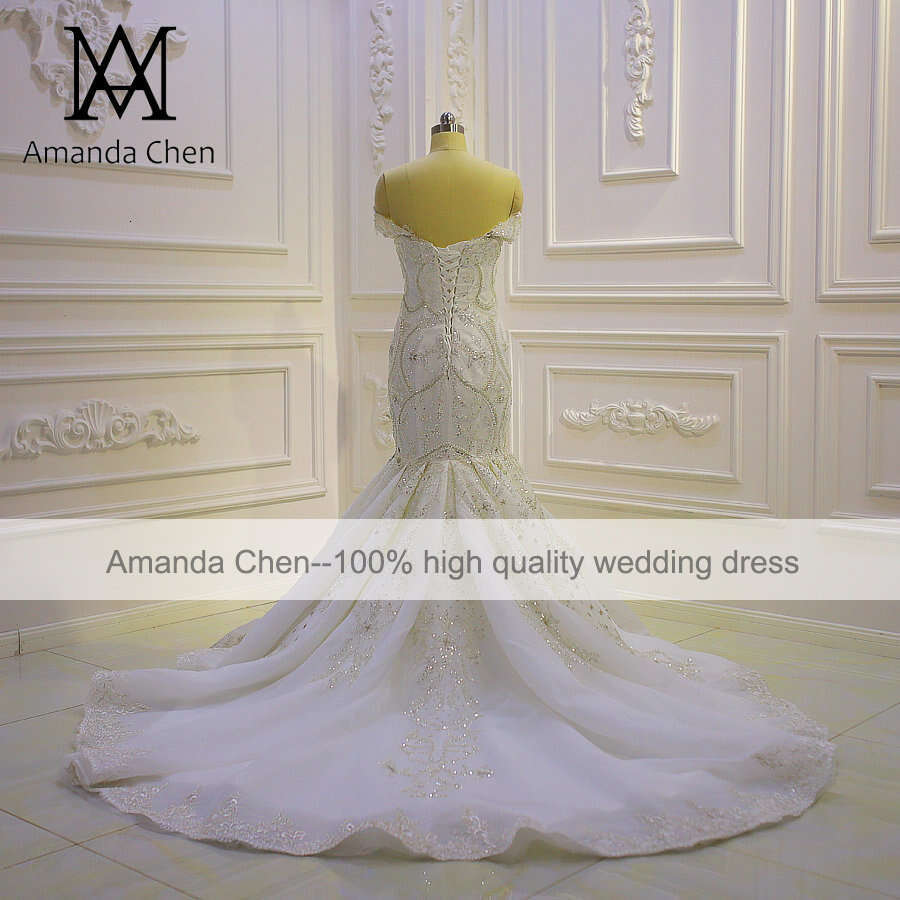 Off Shoulder Lace Appliqued Crystal Beads Mermaid Wedding Dress