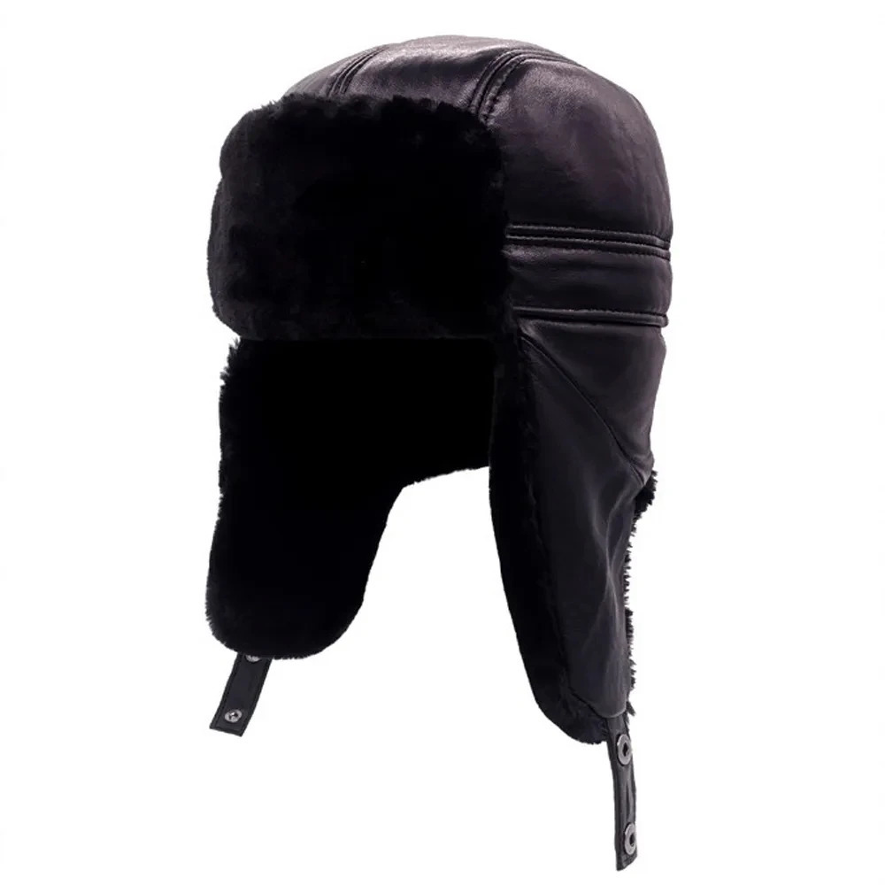 Russian Adult Hat Mens 100% Natural Sheepskin Bomber Hat Mens Casual Winter Warm Sheepskin Hat 241106