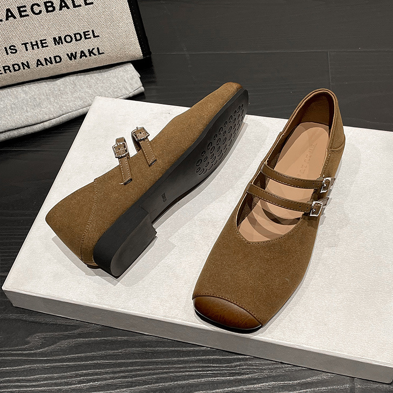 Patchwork Soft Leather Mary Jane Sneakers for Women - Flats with Double Button Strap and Square Toe