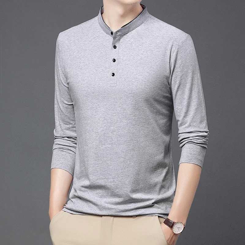 New mens business casual long Sved solid color cotton stand up collar shirt fashionable and breathable Versatile top W241106