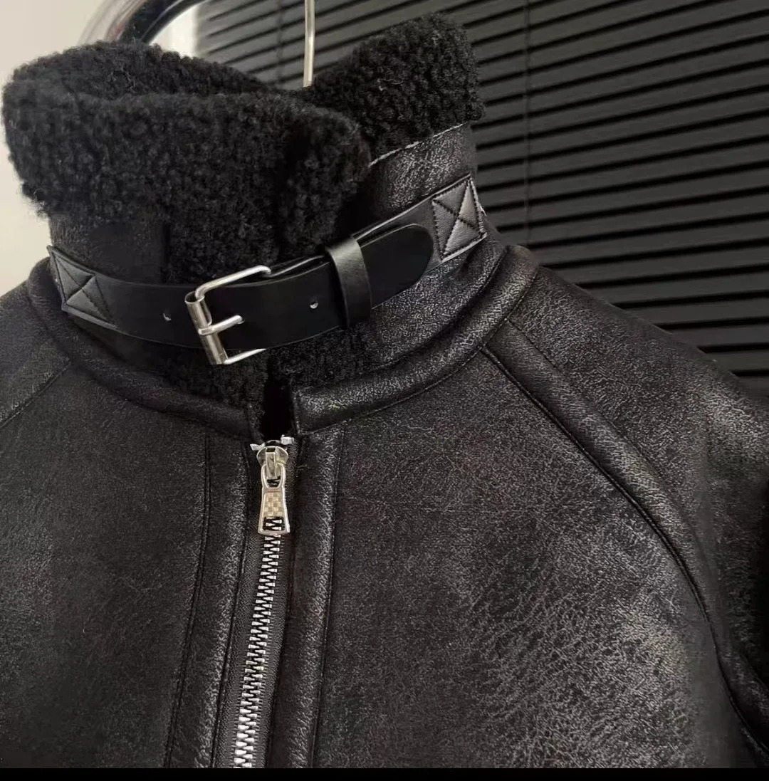Cool stand up collar motorcycle jackets for boys and girls in winter thick suede cashmere coats suitable for children 241106
