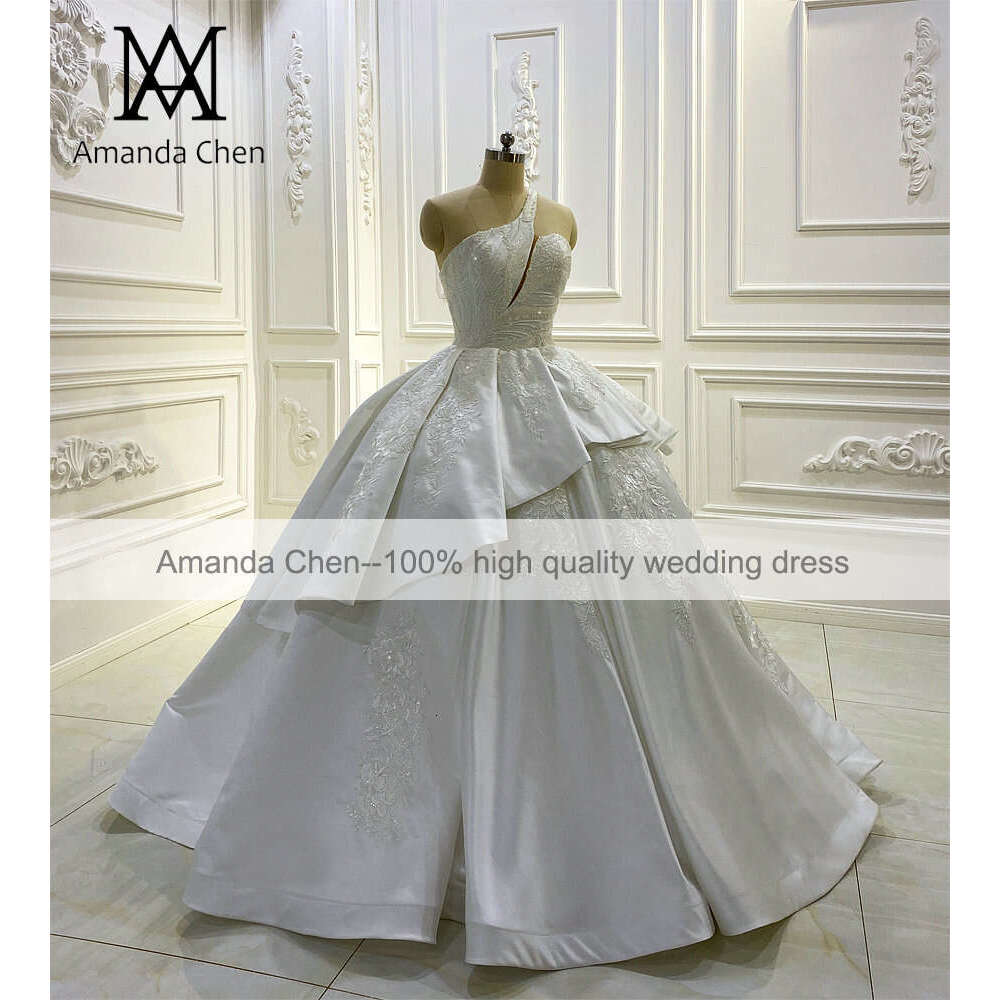 One Shoulder Lace Applique Tiered Satin Wedding Dress
