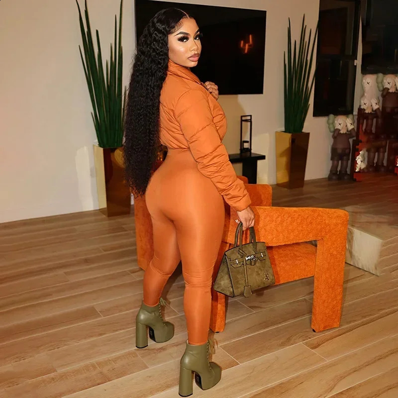 XIZOU Sexy Cotton Jumpsuit for Women Autumn Winter Cotton-padded Long Sleeve Zipper Skinny Jumpsuit Warm Black Orange 241105