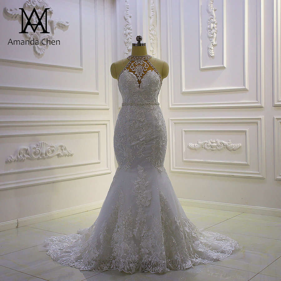 robe ceremonie femme Halter Lace Appliques Mermaid Wedding dress