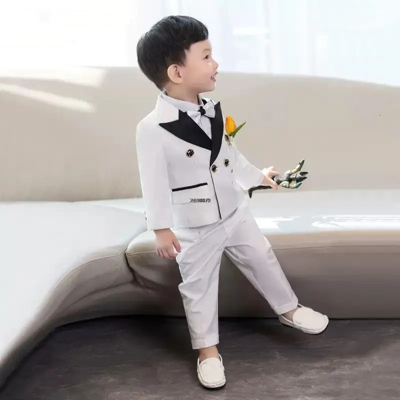 Children White Wedding Suit Prince Kids Jacket Pants Pograph Suit Flower Boys Tuxedo Dress Baby 1 Year Birthday Dress Costume 241106