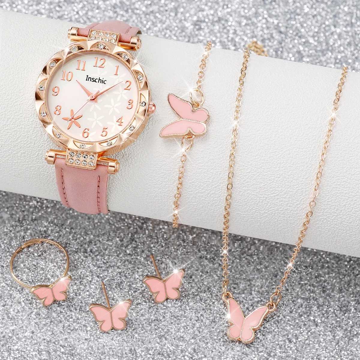 6-piece/set temperature watch fashionable floral leather strap simulated quartz watch jewelry set (no box) X241106