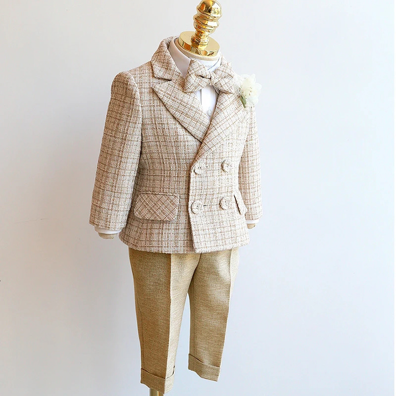 Childrens Houndstooth Formal Suit Set Boys Wedding Birthday Party Champagne Costume Kids Double Breasted Blazer Pants Clothes 241106